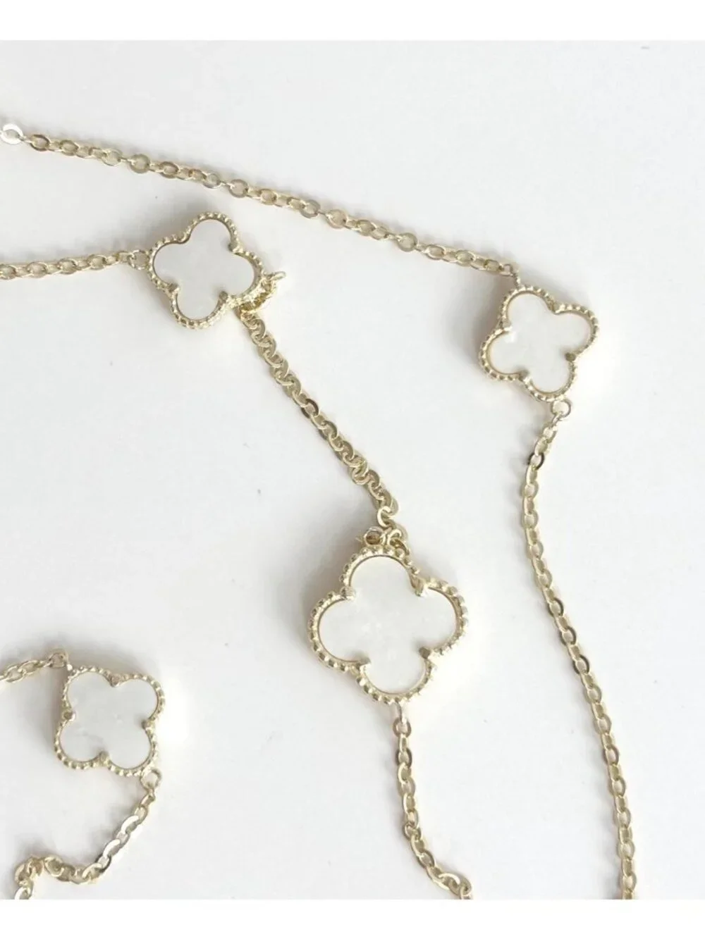 4 Leaf Clover Faux Moonstone Cable Chain Link Vintage Ultra Long Necklace - 36